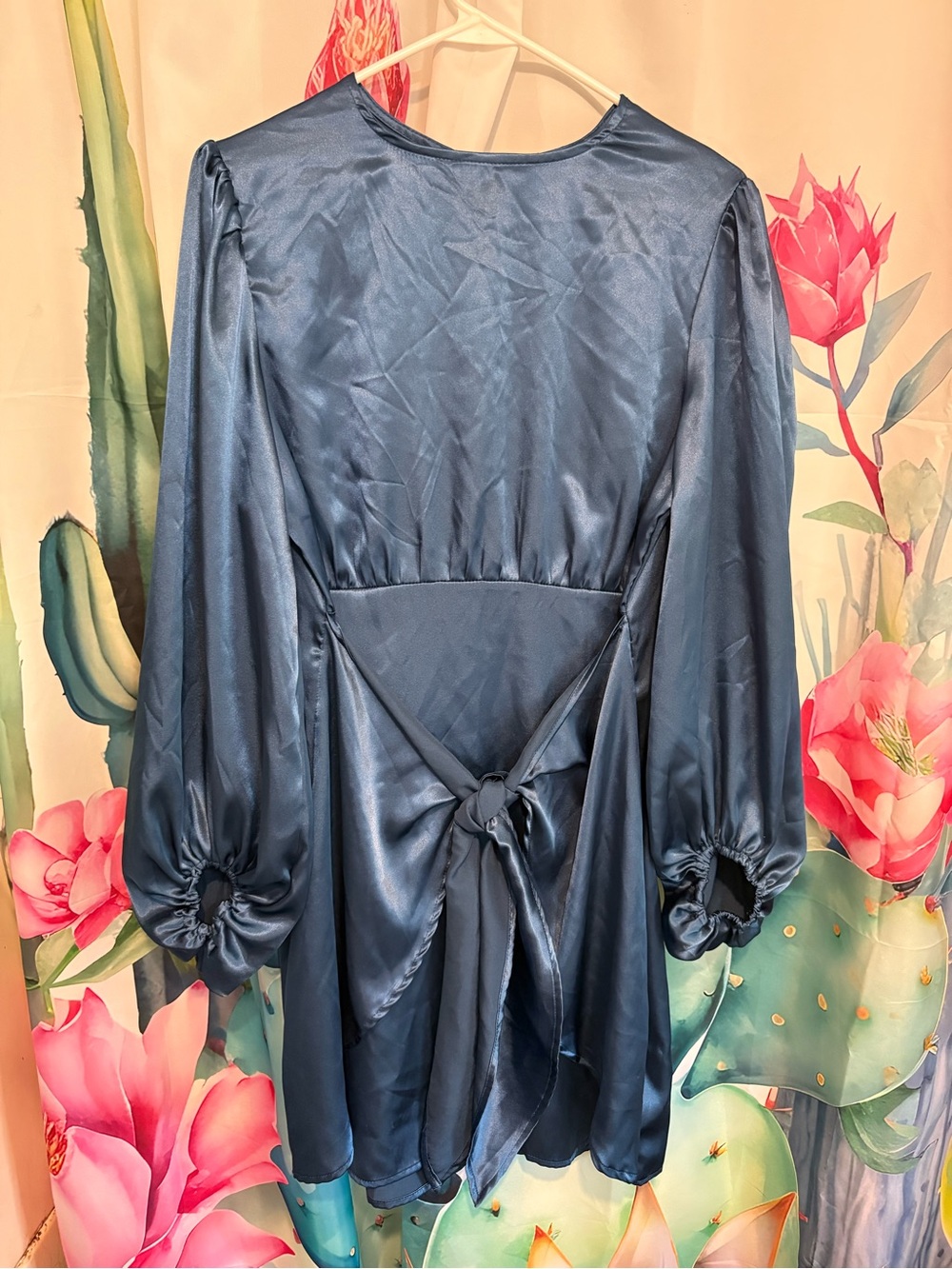 SHEIN Women's Size L Blue Polyester Satin Solid Mini Dress Tie Waist Zip Bow